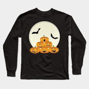 Halloween Pumpkins Bats On Moon Long Sleeve T-Shirt